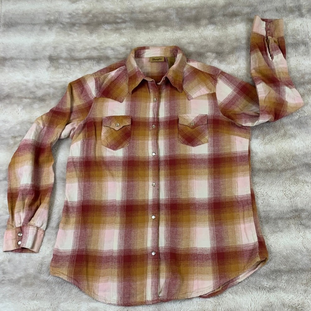 Wrangler Womens Plaid Flannel Western Snap Shirt Red Orange Pink LW72269 Large